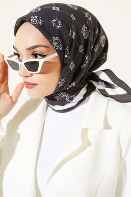 Motifli Modal Eşarp Siyah 