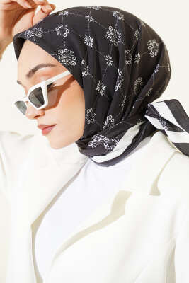 Motifli Modal Eşarp Siyah - Başörtüsü