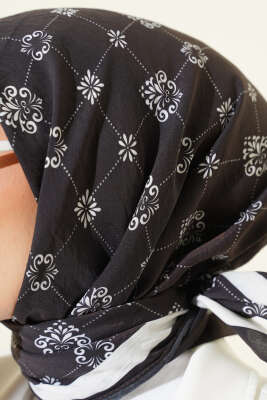 Motifli Modal Eşarp Siyah - Başörtüsü