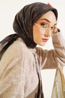 Motifli Modal Eşarp Siyah Bordo - Başörtüsü