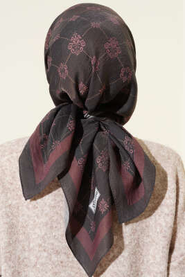 Motifli Modal Eşarp Siyah Bordo - Başörtüsü
