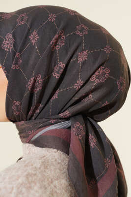 Motifli Modal Eşarp Siyah Bordo - Başörtüsü