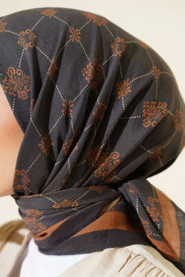 Motifli Modal Eşarp Siyah Taba - Başörtüsü