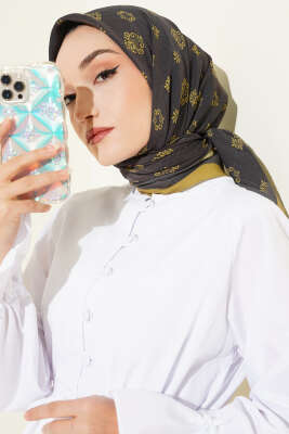 Motifli Modal Eşarp Siyah Yeşil - VERTU (NYD TEKSTİL)