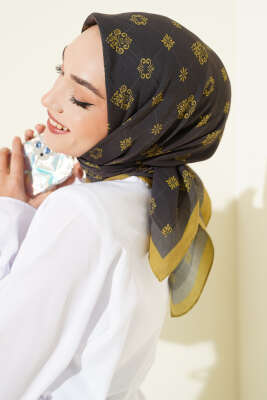 Motifli Modal Eşarp Siyah Yeşil - Başörtüsü