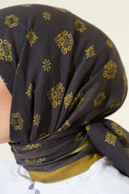 Motifli Modal Eşarp Siyah Yeşil - Başörtüsü