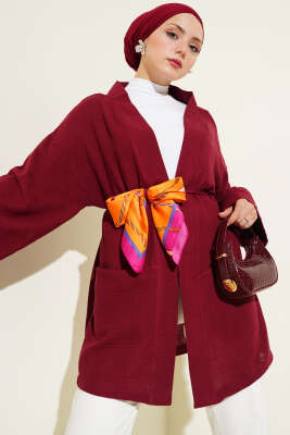 Müslin Belden Bağlamalı Kimono Bordo - Dış Giyim&Mont