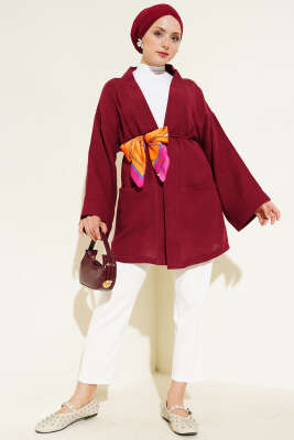 Müslin Belden Bağlamalı Kimono Bordo - Dış Giyim&Mont