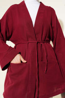 Müslin Belden Bağlamalı Kimono Bordo - Dış Giyim&Mont