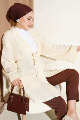 Müslin Belden Bağlamalı Kimono Krem 