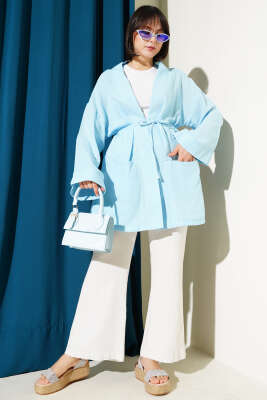 Müslin Belden Bağlamalı Kimono Mavi - 300-500 TL Ürünler