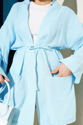 Müslin Belden Bağlamalı Kimono Mavi - Dış Giyim&Mont