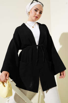 Müslin Belden Bağlamalı Kimono Siyah 