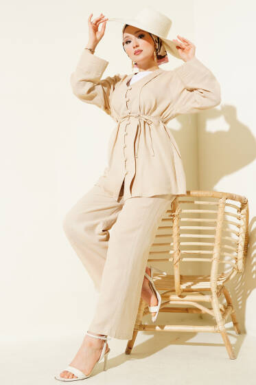 Müslin Düğme Kaplamalı İkili Takım Bej - İkili Takım