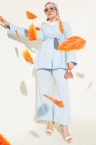 Müslin Düğme Kaplamalı İkili Takım Mavi - İkili Takım