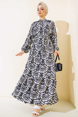 Desenli Boydan Düğmeli Kemerli Elbise Siyah 