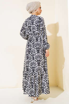 Desenli Boydan Düğmeli Kemerli Elbise Siyah - Tesettür Elbise