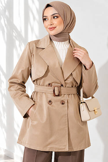 Pelerinli Kuşaklı Kısa Trençkot Latte - 700-1000 TL Ürünler