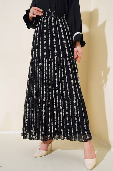 Nakış Desenli Pileli Etek Siyah - Etek