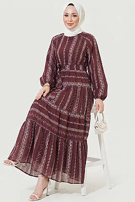 Nakış Detaylı Bağcıklı Elbise Bordo - HEWES