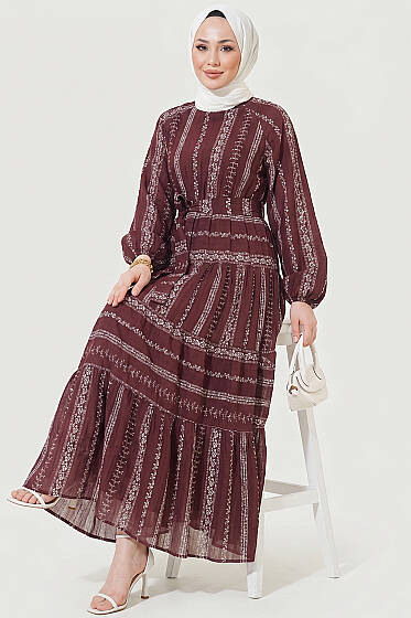 Nakış Detaylı Bağcıklı Elbise Bordo - Elbise