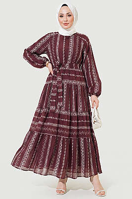 Nakış Detaylı Bağcıklı Elbise Bordo - Elbise