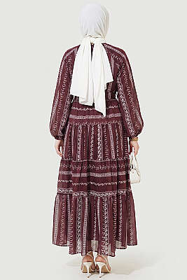 Nakış Detaylı Bağcıklı Elbise Bordo - Elbise