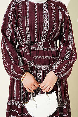 Nakış Detaylı Bağcıklı Elbise Bordo - Elbise