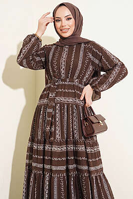 Nakış Detaylı Bağcıklı Elbise Kahve - HEWES