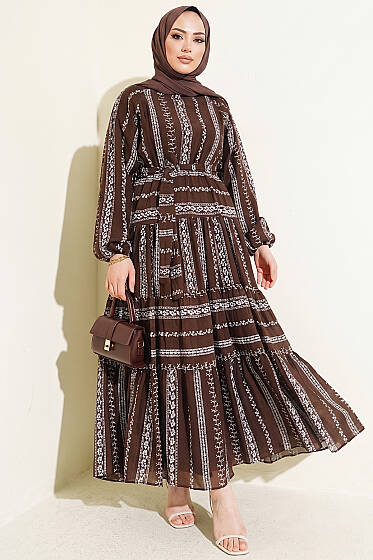 Nakış Detaylı Bağcıklı Elbise Kahve - Elbise