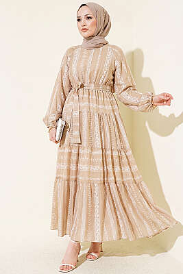 Nakış Detaylı Bağcıklı Elbise Vizon - HEWES