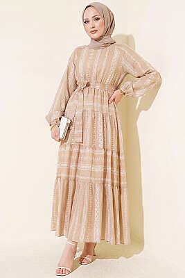 Nakış Detaylı Bağcıklı Elbise Vizon - Elbise