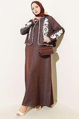 Nakış Detaylı Ceketli Jile İkili Takım Kahve - ZAMANE (QSS)