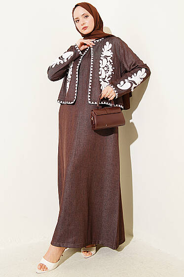 Nakış Detaylı Ceketli Jile İkili Takım Kahve - İkili Takım