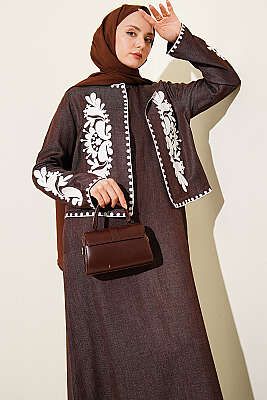 Nakış Detaylı Ceketli Jile İkili Takım Kahve - İkili Takım