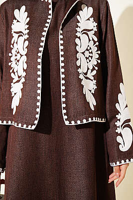 Nakış Detaylı Ceketli Jile İkili Takım Kahve - İkili Takım