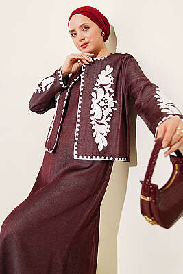 Nakış Detaylı Ceketli Jile İkili Takım Vişne - ZAMANE (QSS)