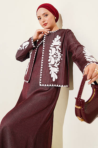 Nakış Detaylı Ceketli Jile İkili Takım Vişne - İkili Takım