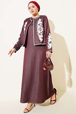 Nakış Detaylı Ceketli Jile İkili Takım Vişne - İkili Takım