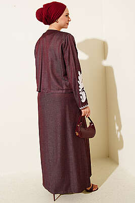 Nakış Detaylı Ceketli Jile İkili Takım Vişne - İkili Takım