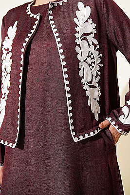 Nakış Detaylı Ceketli Jile İkili Takım Vişne - İkili Takım