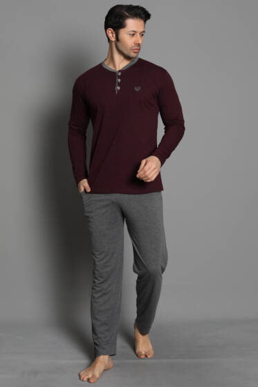Nakış Detaylı Erkek Pijama Takımı Mürdüm - Pijama
