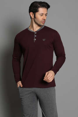 Nakış Detaylı Erkek Pijama Takımı Mürdüm - Pijama