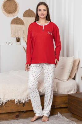 Nakış Detaylı Fitilli Pijama Takımı Kırmızı - Pijama