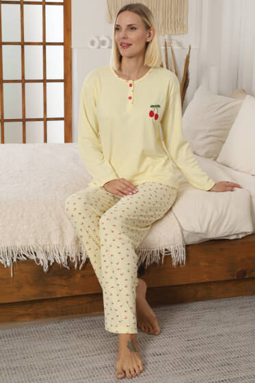 Nakış Detaylı Fitilli Pijama Takımı Sarı - Pijama
