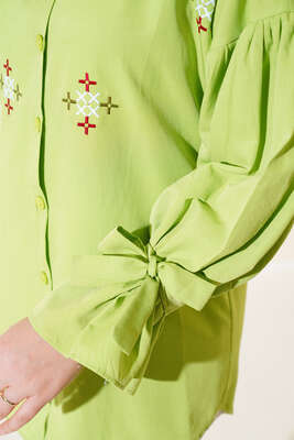 Nakış Detaylı Gömlek Fıstık Yeşil - Thumbnail