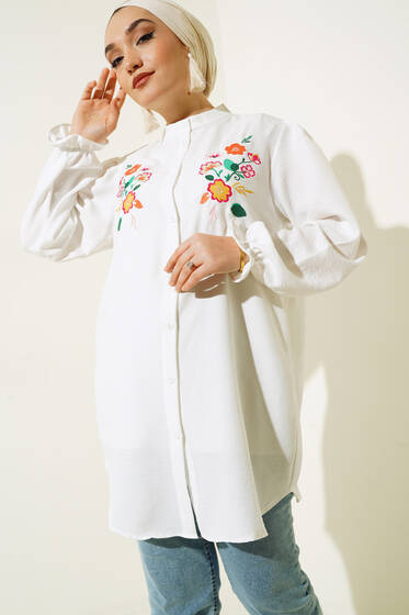 Nakış Detaylı Hakim Yaka Gömlek Ekru - Gömlek