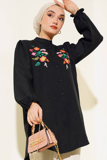Nakış Detaylı Hakim Yaka Gömlek Siyah - Gömlek