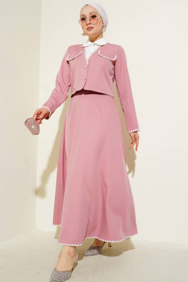 Nakış Detaylı İkili Etek Takım Pembe - İkili Takım