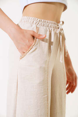 Nakış Detaylı Keten Pantolon Bej - Kadın Giyim Modelleri